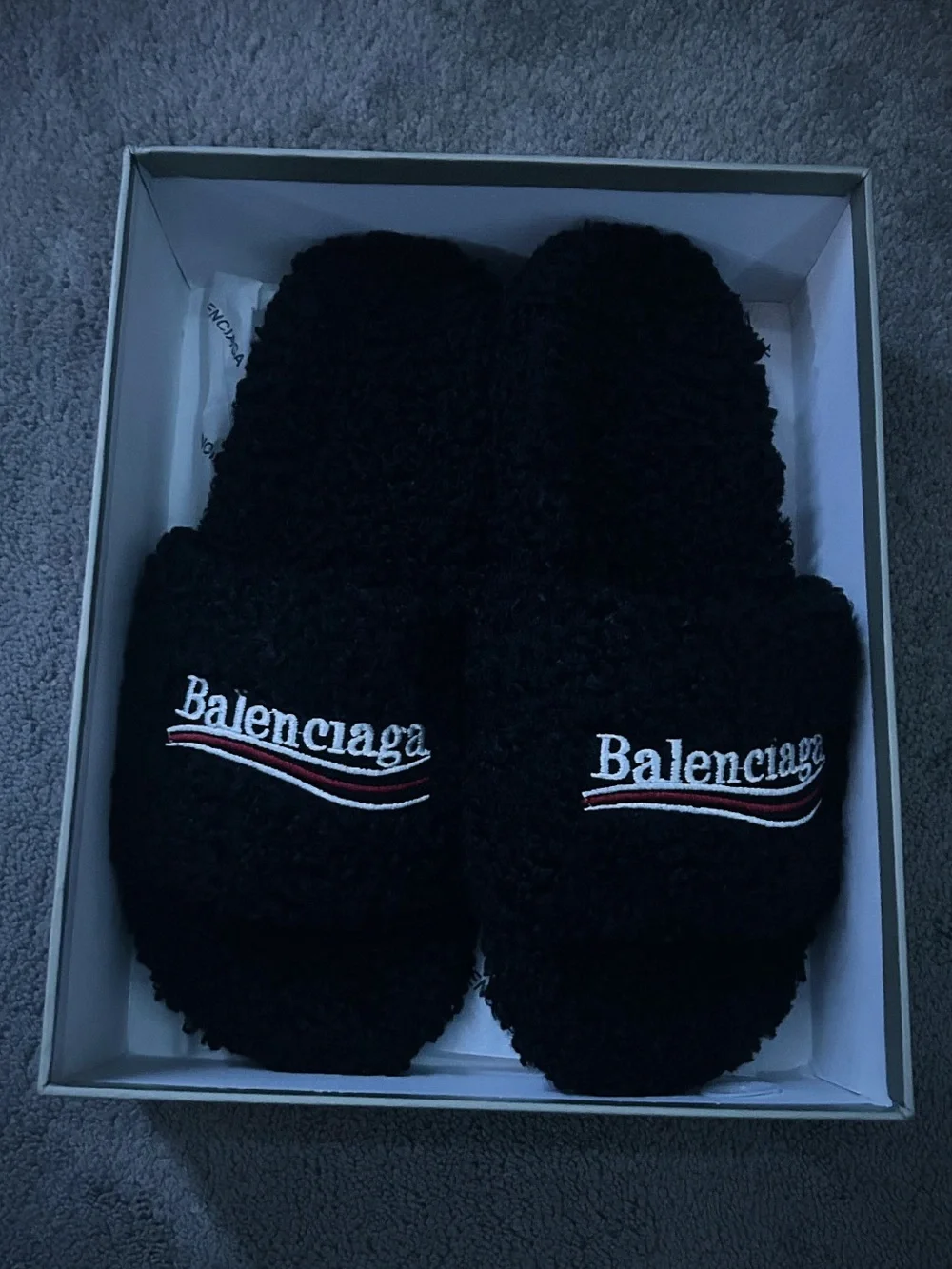 Balenciaga Black Shearling Logo Slippers with White & Red Embroidery